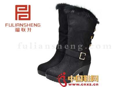 福联升老北京布鞋+2012黑色时尚系扣粗跟女靴